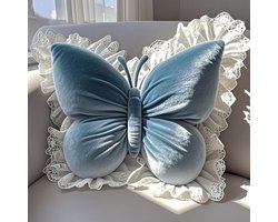 LISM-Een vlinderkussen met kanten versieringen, een schattig vlindervormig decoratief kussen Geschikt voor in huis, blauw, 31×43 cm.