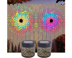 LISM-Set van 2 kleurveranderende mandala-lampen op zonne-energie, decoratieve mandala-wandlampen op zonne-energie, metalen projectorlampen voor buiten, waterdichte schuttingverlichting, geschikt voor terrassen, tuinen, balkons en achtertuinen.
