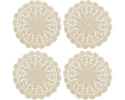 LISM-Vierdelige gehaakte serviesset, handgemaakte ronde katoenen kanten placemats, gebreide tafelkleden, sterrenpatroon met golvende randen (35 cm, beige).
