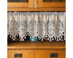 LISM-Vintage gehaakte gordijnen/valletjes, Geschikt voor keukenramen, bohemian stijl, decoratieve gordijnroedes, korte gordijnen in landelijke stijl met plooien, 90 cm breed en 38 cm hoog.