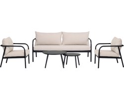 Lisomme Manu Tuin Loungeset Zwart 5Delig - Tweezitsbank - Fauteuils - Salontafel - Met Beige Zitkussens - Terras - Outdoor