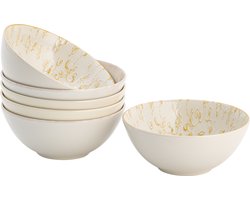 Lite-Body Kom Hermes - 500ml - set van 6 - Fine Porselein - Wit crème goud reliëf
