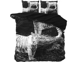 Lits-jumeaux dekbedovertrek (dekbed hoes) antraciet grijs / zwart met tijgers (wilde dieren fotoprint / tiger) in de natuur KATOEN 240 x 220 cm (safari beddengoed slaapkamer, cadeau idee Kerstmis!)