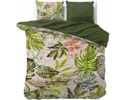 Lits-jumeaux dekbedovertrek (dekbed hoes) crème / ecru / beige met groene botanische bloemen (waterlelies), planten en natuur jungle bladeren KATOENSATIJN 240 x 220 cm TOP kwaliteit (luxe slaapkamer beddengoed, cadeau idee voor Kerstmis!)