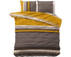 Lits-jumeaux dekbedovertrek (dekbed hoes) goud geel (okergeel) gestreept met smalle strepen / banen in het zwart, wit en antraciet grijs GEMENGD KATOEN 240 x 220 cm (trendy beddengoed slaapkamer!)