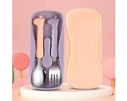 Little Olives - Vork en Lepel - Reisset - Baby bestek - Kinder bestek - Baby servies – Meeneem bestek – Picknick servies - schattig Giraffe - Paars - Oranje