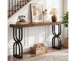 LITTLE TREE Console Tafel - 150 x 30 x 82 Cm - Massief Hout - Industrieel - U-Vormige Metalen Onderstel - Multifunctionele Banktafel - Voor Hal, Entree En Woonkamer - Zwart En Bruin