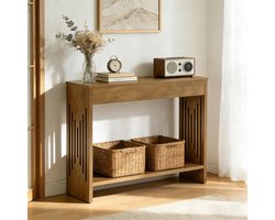 LITTLE TREE Consoletafel 105 cm - Achter de Bank - 2-Tier Houten Landelijke Tafel - Met Opbergplanken en Geribbelde Poten - Geschikt voor Woonkamer, Gang & Entrée - Rustiek Bruin
