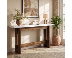 LITTLE TREE Houten Consoletafel -160 x 30 x 85 cm -Smalle Tafel Met Kunstmarmeren Blad -Rechthoekige Inlooptafel -Voor hal, Woonkamer En Achter De Bank -Bruin