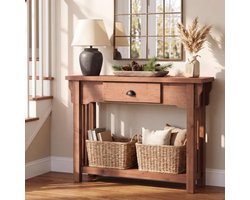 LITTLE TREE Massief Houten Consoletafel - 105 x 30 x 80 cm - Met lade en opbergplank - Compacte sidetable voor entree, hal en woonkamer - Bruin