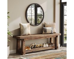 LITTLE TREE Massief Houten Entreebank - 140 x 35 x 45 cm - Met Schoenopbergruimte - Verbrand Houtnerf - Open Rek - Eenvoudig Te Monteren - Voor Gang En Slaapkamer - Bruin