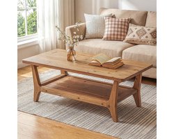 LITTLE TREE Massief Houten Salontafel - 120 x 60 x 45 cm - 2‑Laags met opbergplank - Gladde hoeken‑eenvoudig te monteren - Woonkamertafel - Warm cederbruin