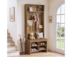 LITTLE TREE Multifunctionele Entree Organizer - 180 cm Hoog - Kapstok met Bank, 5 Haken en 4 Opbergvakken - Voor Hal, Woonkamer en Bijkeuken - Lichtbruin