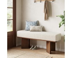 LITTLE TREE Opbergbank - 120 cm - Met Kussen - Crème Wit - Bruin Houten Frame - Halbank - Slaapbank - Hal & Slaapkamer