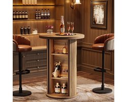 LITTLE TREE Ronde Bartafel - 90 cm - Rustieke Hoge Bistrotafel - 3 Opbergplanken - Schuifdeur - Voor Kleine Ruimtes Keuken en Feestjes