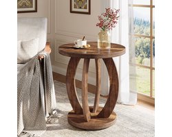 LITTLE TREE Ronde Bijtafel - 50 x 50 x 60 cm - Met Opbergruimte - Landhuisstijl - Houten Zijtafel - Voor Woonkamer & Slaapkamer