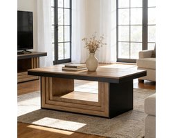 LITTLE TREE Salontafel - 120cm Landelijk Rechthoekig - Open Opbergruimte & Planken - Geribbeld Massief Hout - Voor Woonkamer - Bruin & Zwart