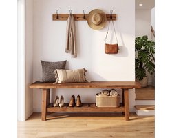 LITTLE TREE Schoenenbank Van Massief Hout - 140 cm - Met Opbergplank - Landhuis Stijl - Voor Hal En Slaapkamer - Bruin