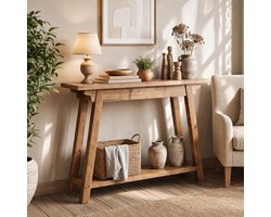 LITTLE TREE Smalle Sidetable - 105 x 30 x 80 Cm - Massief Hout - 2-Laags Landhuisstijl Met A-Frame - Haltafel Voor Entree En Woonkamer - Rustiek Bruin
