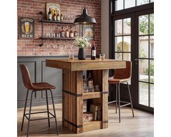 LITTLE TREE Vierkante Bartafel - 80 × 80 × 95 cm - Met opbergruimte - Landelijke industriële hoge tafel - Voor keuken, ontbijthoek, appartement, thuisbar - Bruin