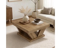 LITTLE TREE Vierkante Salontafel - 2-laags centrumtafel - 100 x 100 x 50 cm - Voor de woonkamer - Eikenkleur
