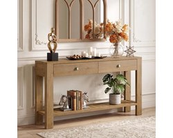 Little Trees Consoletafel - Sidetable - Massief hout - Lichtbruin - Boerderijstijl - 140 x 30 x 80 cm - Met 2 laden en open opbergplank voor entree, woonkamer en hal