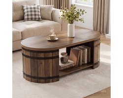 Little Trees Ovale Salontafel - Centertafel - Houtlook - Rustiek bruin - Industrieel - 120 x 60 x 45 cm - Vatvormig model met dubbele opberglagen voor slaapkamer en thuiskantoor