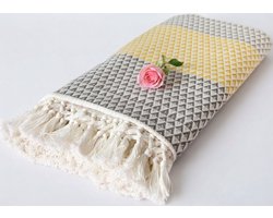 Livatto Woondeken Plaid Dana 150x200 cm met geometrisch patroon en franjes, katoen, boho stijl, wit/geel/grijs