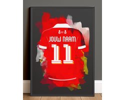 Liverpool FC Voetbal Poster Gepersonaliseerd - Inclusief Zwarte Lijst - Formaat A3 (29,7 x 42 cm) - The Reds Rood Wit - Voetbalcadeau met Naam & Rugnummer - Wanddecoratie Fans