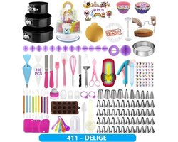 LivingHub 411 Delige Taart en Cake Decoratie Set - Taart Bakken Accessoires Set – Taartversiering - Draaiplateau - RVS Spuitmondjes