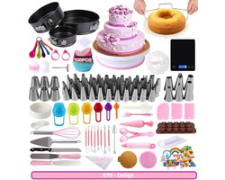 LivingHub 470 Delige Taart en Cake Decoratie Set – Inclusief Keukenweegschaal – Draaiplateau, RVS Spuitmondjes & Bakvormen – Complete Bakset voor Taartversiering en Cupcakes