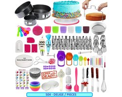 LivingHub 504 Delige Taart en Cake Decoratie Set - Taart Bakken Accessoires Set – Taartversiering - Draaiplateau - RVS Spuitmondjes