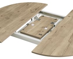 LIVIO Ronde Eettafel Uitschuifbaar – Ø120-150 cm Houten Keukentafel voor 4-6 Personen met Vlinderblad, Stabiel Wit Metalen Frame, Scandinavisch Design in Zandeiken Look – Moderne Uittrekbare Eetkamertafel – Novihome