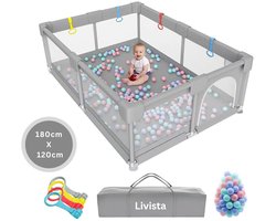 Livista Grondbox - Speelbox - Baby boxen - Kruipbox voor Baby - Playpen - Kinderbox - Met 4 trekring + 60 speelballen - 120 x 180 x 65cm - Grijs