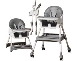 Livista Kinderstoel 3 in 1 - Inklapbare Eetstoel - Kinderzetel - met 5-Puntsgordel & Wielen - Verstelbaar Baby Stoel - Peuterstoel - Uitneembaar lederen kussen - Meegroei Stoel - Grijs