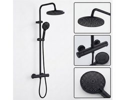 Livista Regendouche Set – Met Thermostaatkraan – Regendouche & Handdouche – 38°C Messing Thermostaatkraan – Verstelbare Douchekolom 65-105cm – Douchekolom Wandmontage – Zwart