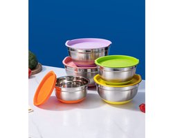 Livista® RVS Mengkommen Set - 5-delig - Saladeschalen en Keukenkommen - Verstevigd en Duurzaam - Antislip Siliconen Bodem - Inclusief Deksel