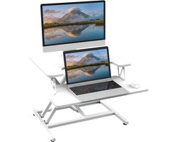 Livista Sit-Stand Desk Gas-Spring - Laptoptafel - Zit Sta Bureau - Computertafel - Zit Sta Verhoger - Bureautafel - Groot Scherm en Toetsenbord Blad - Ruimte voor 2 Schermen - Nieuw Model - Wit