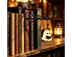 LIVTEK - unieke boekensteun met hangende LED spooklamp - warm wit licht en draadloos - metaal en batterijbediend - voor boekenkast en leeshoek
