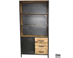 Lizzy 1 Deurs boekenkast 100cm - Mangohouten Boekenkast 100cm breed - Industriële kasten - Kast van Mangohout en Staal - Opberkast met laden, deuren en open vak