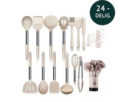 LK HOME Siliconen Keukengerei Set met Houder - Kookgerei 24 delig - BPA & Plastic Vrij - Ophangbaar Crème/ Khaki.