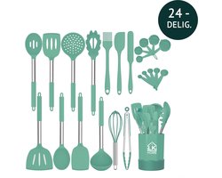 LK HOME Siliconen Keukengerei Set met Houder - Kookgerei 24 delig - BPA & Plastic Vrij - Ophangbaar Licht Groen.