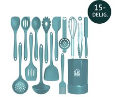 LK Home Siliconen Keukengerei Set met Houder - Kookgerei Set 15 delig - BPA & Plastic Vrij - Ophangbaar Pastel Blauw.