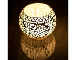 LM-Collection Cantara mozaïek Waxinehouder - Ø10x12cm - Wit/Creme - Glas - kandelaars, kandelaar hout, kandelaar zwart, kaarshouder, kaars kandelaar, lantaarn windlicht, lantaarn voor buiten, lantaarn binnen,