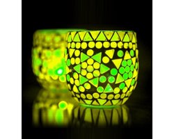 LM-Collection Cantara mozaïek Waxinehouder - Ø8x10cm - Groen - Glas - kandelaars, kandelaar hout, kandelaar zwart, kaarshouder, kaars kandelaar, lantaarn windlicht, lantaarn voor buiten, lantaarn binnen,