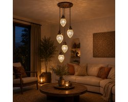 LM-Collection Papaya 5 bol Hanglamp - Ø35x75 - E14 - Wit/Brons - Glas/Metaal - hanglampen eetkamer, hanglamp zwart, hanglampen woonkamer, hanglamp slaapkamer, hanglamp kinderkamer, hanglamp rotan, hanglamp hout, hanglamp industrieel