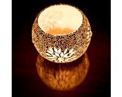 LM-Collection Rima mozaïek bol Waxinehouder - Ø10x12cm - Wit/Creme - Glas - kandelaars, kandelaar hout, kandelaar zwart, kaarshouder, kaars kandelaar, lantaarn windlicht, lantaarn voor buiten, lantaarn binnen,
