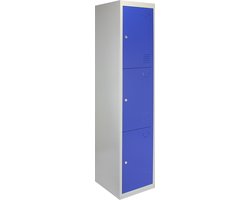 Lockerkast Metaal - Blauw - Driedeurs - Flatpack - 38cm(B)x38cm(D)x180cm(H) - Ventilatie - 2 GRATIS magneten - lockers kluisjes
