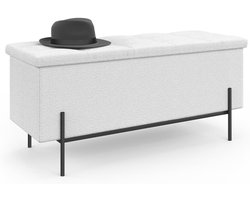 Lode Bank met opbergruimte, 100 cm, metalen poten, bekleed in witte stof met krulmotief, moderne zitbank zwart frame