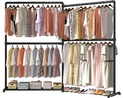 LOEFME Metaal Kledingrek Zwart met 360° opvouwbare zijarmen-Garderoberek - Dressboy - Kledingstang-Verstelbaar (1 stuk), vrijstaande metalen kledingstang met onderplank, draagvermogen 150 kg-- Stevige Kledingrekken